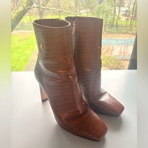 Jimmy Choo Camel Croc-Embossed High Heel Ankle Boots